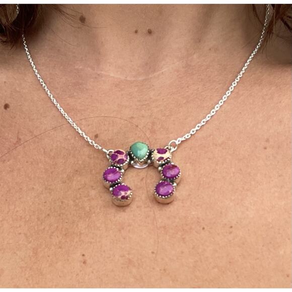 Turquoise Sea Sediment Jasper Naja Necklace Sterling Southwest Squash Blossom - Picture 2 of 9